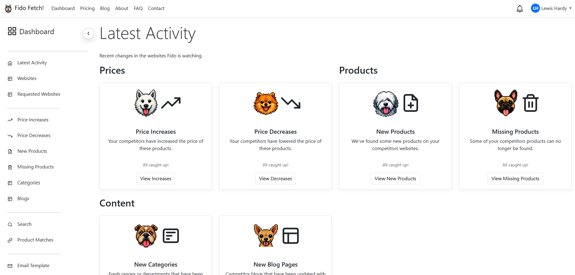 Fido Fetch customer dashboard showing price increases, price decreases, new products and missing products